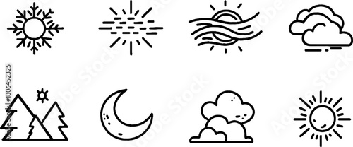 Minimalist line art set of natural phenomenon icons for design and decoration