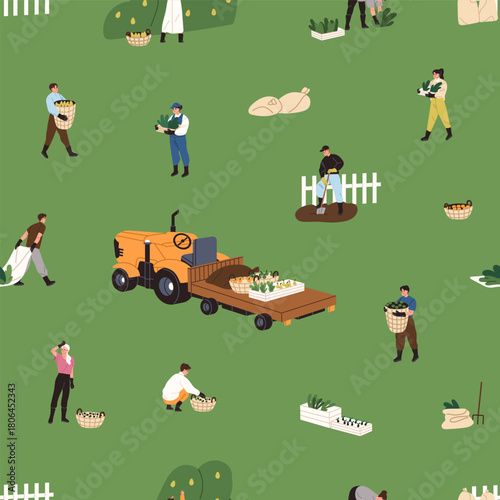 Repeatable pattern of farmers gathering agriculture crop into tractor. Endless background of people picking up of farm harvest, farming and working in countryside. Flat seamless vector illustration