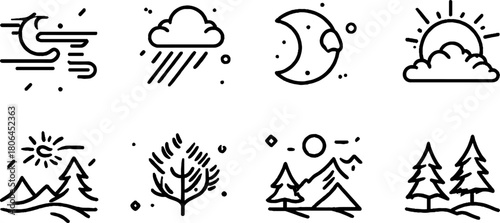 Minimalist line art set of natural phenomenon icons for design use
