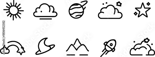 Minimalist line art set of night sky icons featuring stars and celestial elements for design