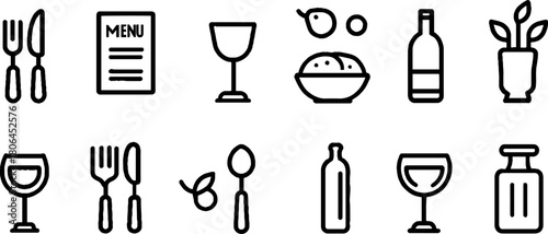 Minimalist line art set of restaurant icons featuring menu, utensils, and dining elements for design
