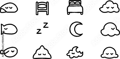 Minimalist line art set of sleep icons featuring bed, pillow, moon, and clouds for relaxation themes