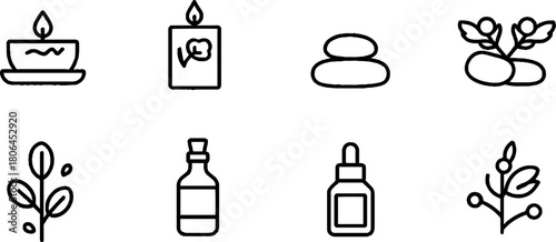 Minimalist line art spa icons set featuring candles and massage elements for relaxation design