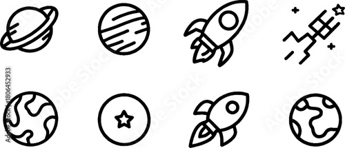 Minimalist line art space icon set with planets and rockets for design