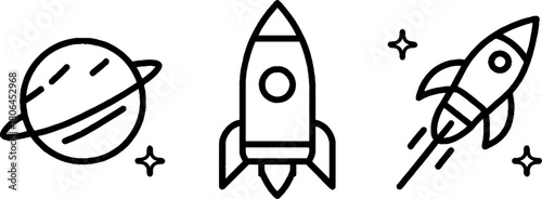Minimalist line art of space icons featuring rocket and planet for design