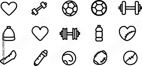 Minimalist line art of sport icons with dumbbells and sports equipment for fitness designs