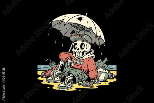 Skeleton character sitting under an umbrella on a beach.