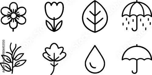 Minimalist line art set of spring icons featuring flowers and umbrella elements for design projects
