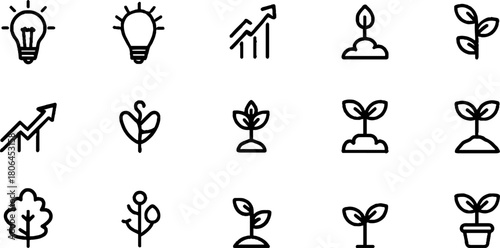 Minimalist startup icon set featuring light bulbs and growth symbols for business design