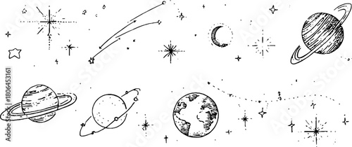 Minimalist line art featuring stars and cosmic objects for celestial design