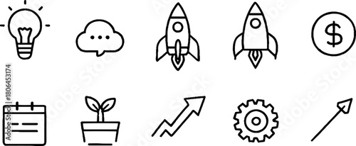 Minimalist line art icons of startup essentials: lightbulb, rocket, plant, and more