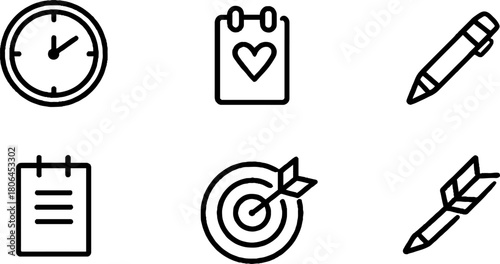 Minimalist line art set of time management icons for organization and productivity