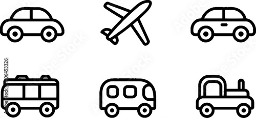 Minimalist line art set of transport icons featuring car, airplane, and bus for design projects