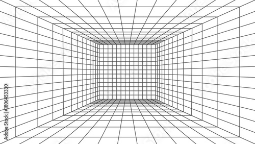 3D wireframe perspective grid room template design vector illustration background. Empty three dimensional virtual room perspective wireframe grid geometric sketch. Cyber virtual line interior frame.