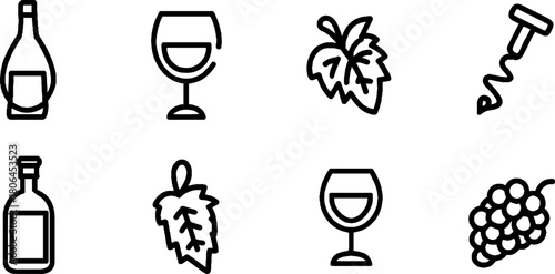 Minimalist line art wine icon set featuring glasses and bottles for design projects