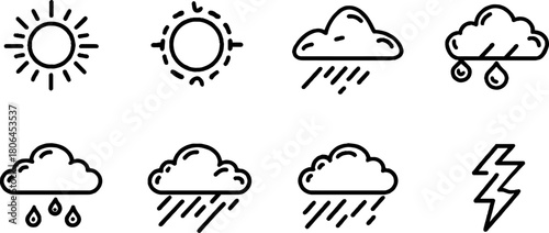 Minimalist line art weather and climate icon set for design and print