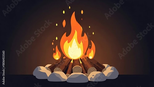 Animated Cartoon Campfire Burning Brightly at Night.