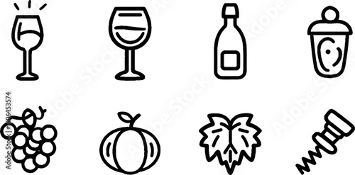 Minimalist line art set of wine icons including glass and bottle for design projects