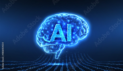 Brain and AI chip inside. Artificial intelligence, Brain science, Neuro system, Human mind, Neurology network, Modern education, Medicine technology, AI system, implant concept. 3d vector illustration