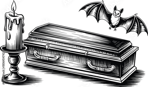 Vintage black and white horror illustration featuring coffin, flying bat and melting candle, perfect for Halloween designs, spooky artwork and gothic themes