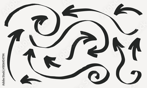 Hand drawn marker arrows set. Text highlighting vector elements. Arrow sketches collection.