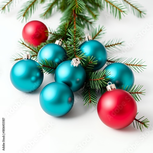Wide perspective of teal baubles and green pine on a pristine white background christmas background holiday background winter christmas design decoration merry celebration