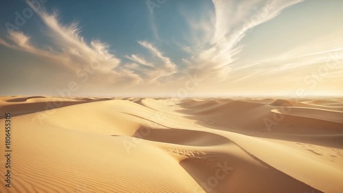 Expansive golden sand dunes under clear blue skies with wispy clouds showcasing shifting patterns and textures in sunlight captured in a wide view that emphasizes the vast desert landscape.