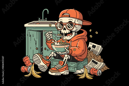 Skeleton character enjoying a meal with sunglasses and cap.