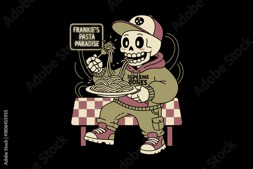 Skeleton character eating spaghetti at a table.