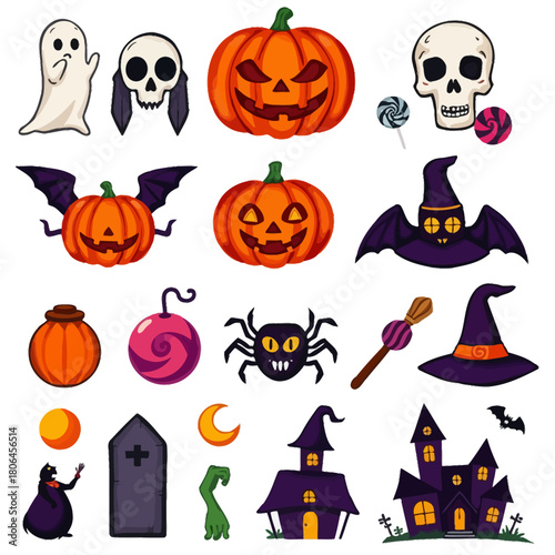 Halloween Decorative Elements – Pumpkins, Bats, Skull, Ghost, Spider, Witch Hat