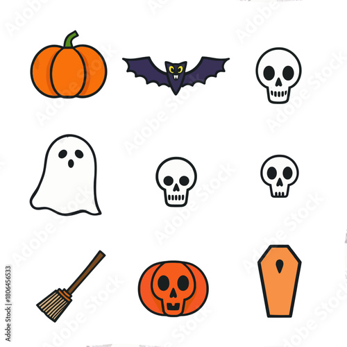 Minimal Halloween Icon Set – Pumpkin, Bat, Ghost, Skull, Broom, Candy
