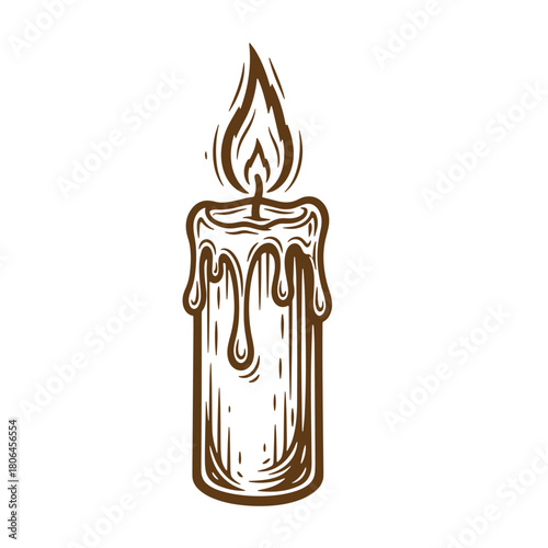 Brown candle with dripping wax and flickering flame vector illustration sketch vintage style