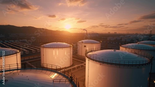Green hydrogen production facility with large industrial storage tanks at sunset showcasing sustainable energy infrastructure and future technology