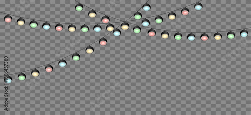 Christmas lights isolated on transparent background. Bright christmas golden lights decoration. Vector glow light bulbs on wire strings. Set of Christmas Lights.