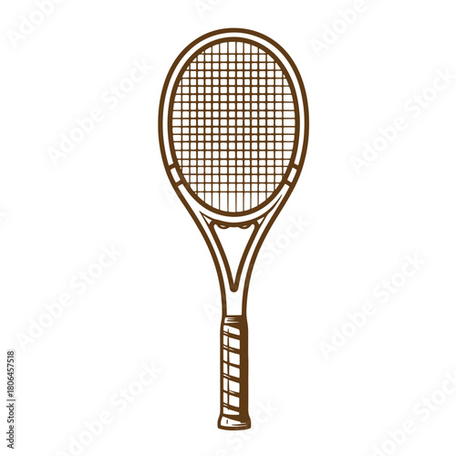 Brown sketch vintage illustration of a tennis racket with detailed grip isolated on white