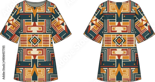 Southwestern Aztec Print Tunic Dress Vector, Oversize T-Shirt Dress Illustration, Tribal Geometric Pattern, Bohemian Folk Art Fashion Flat Design