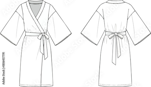 Kimono style wrap robe dress flat vector, wide sleeve V-neck knee-length belted fashion illustration, technical drawing outfit design