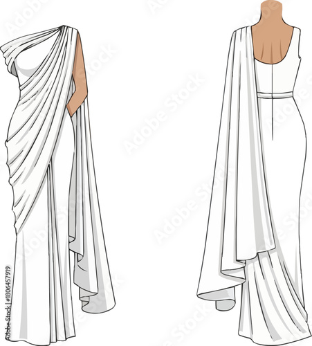One-Shoulder Grecian Drape Gown Fashion Flat Vector, Asymmetrical Neckline Dress, White Formal Wedding Dress, Toga Style Draped Clothing Technical Illustration