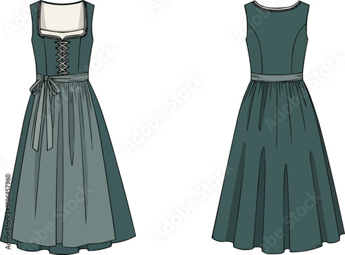 Traditional Dirndl Dress Vector with Apron, Sleeveless Midi-Length German Folk Costume, Laced Bodice, Bavarian Cultural Clothing Illustration