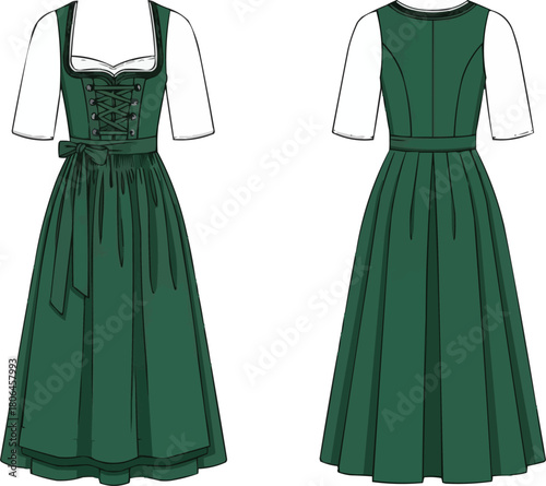 Traditional Dirndl Dress Vector with Apron, Sleeveless Midi-Length German Folk Costume, Laced Bodice, Bavarian Cultural Clothing Illustration