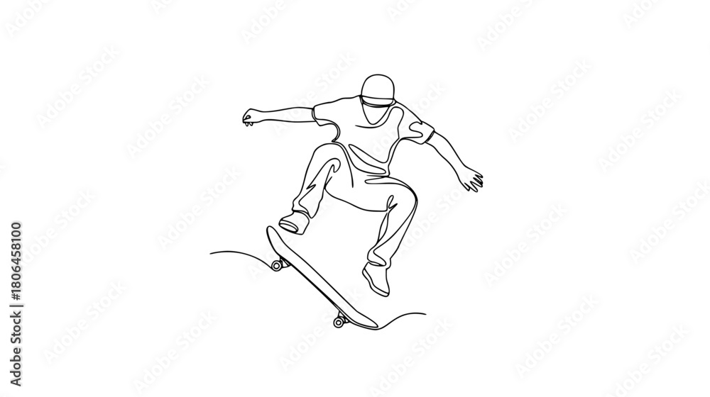 Fototapeta premium Dynamic skateboarder performing trick, modern line art illustration for extreme sports and lifestyle concepts