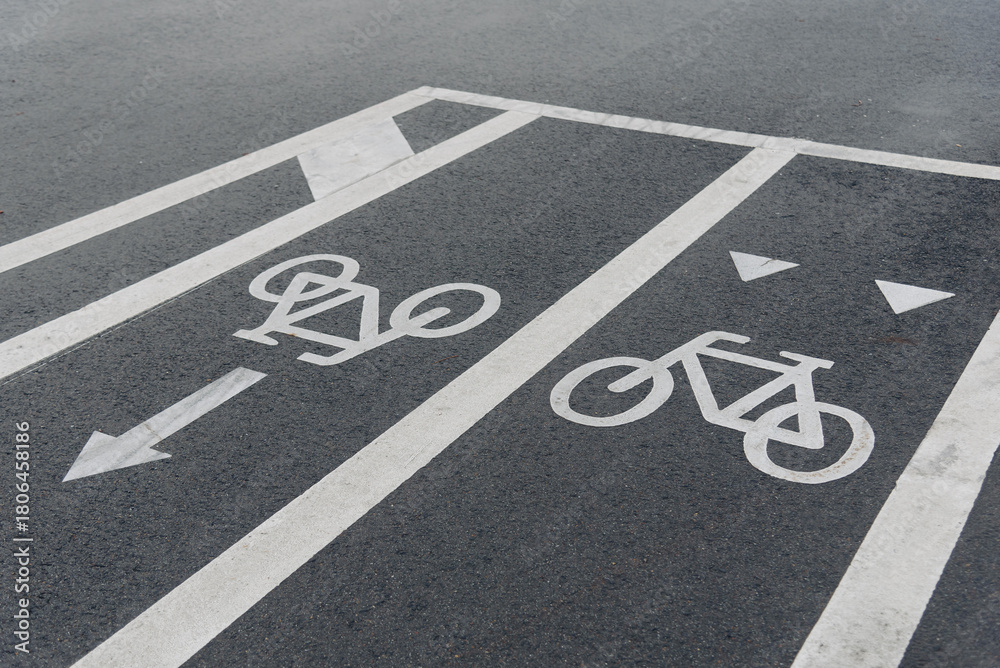 Fototapeta premium white road markings on sidewalk marking beginning and end of bike path