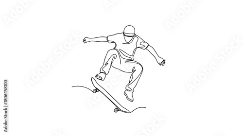 Dynamic skateboarder performing trick, modern line art illustration for extreme sports and lifestyle concepts