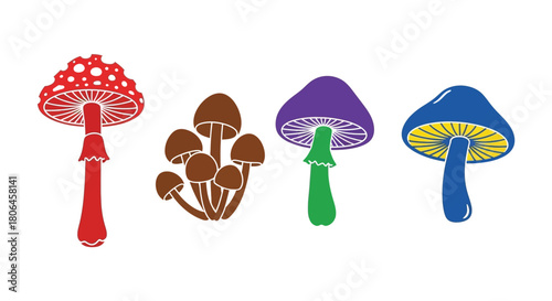A colorful illustration displaying four different types of stylized mushrooms