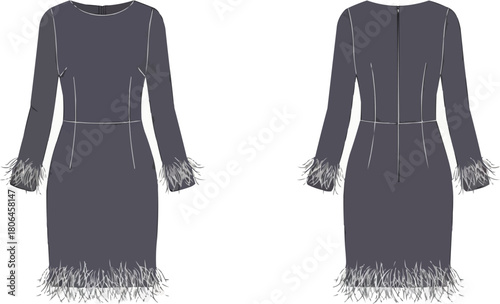 Feather Trim Long-Sleeve Dress Fashion Flat Vector, Midi length, fitted, feather cuff, feather hem, cocktail, evening dress, technical drawing illustration.
