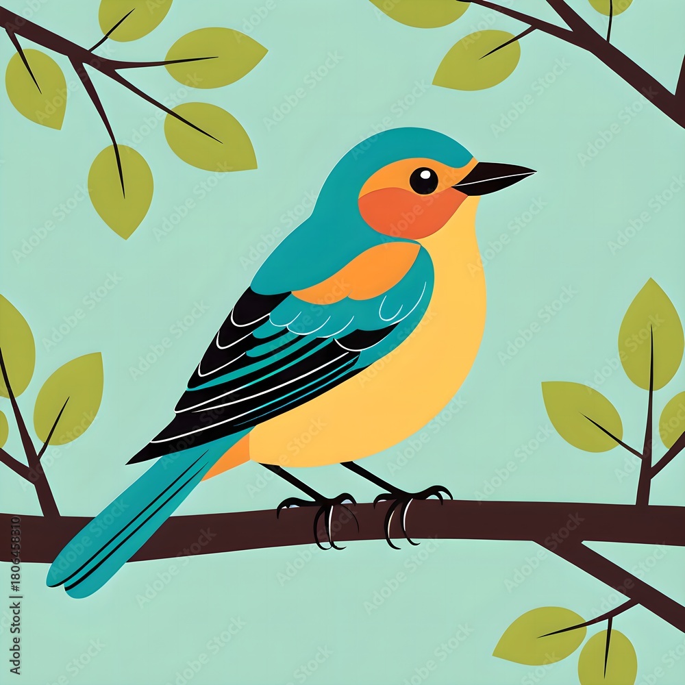Fototapeta premium A bird on a branch in the style of children's stor AI Version