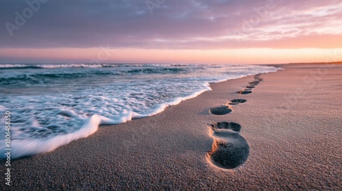Footprints on a sandy beach at sunset with waves gently rolling in.