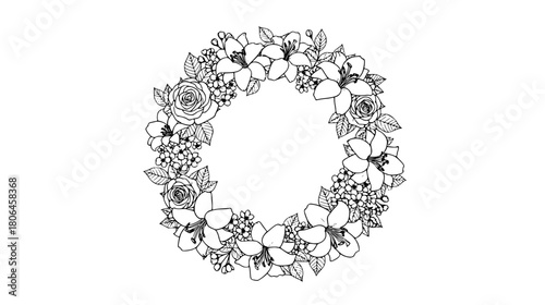 Elegant floral wreath with roses and lilies for wedding invitations or delicate design projects, originally a vector
