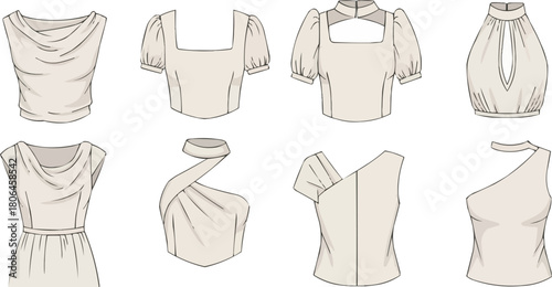 Mixed blouse top fashion flat vector set, puff sleeve, cowl neck, square neck, halter neck, one-shoulder, keyhole, apparel template bundle, clothing design illustration