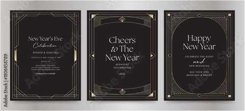 New Years Eve Invitation Invite Flyer Layout with Vintage Art Deco Border & Frames Vector for Gatsby Inspired Retro Background & New Years Poster Flier Template